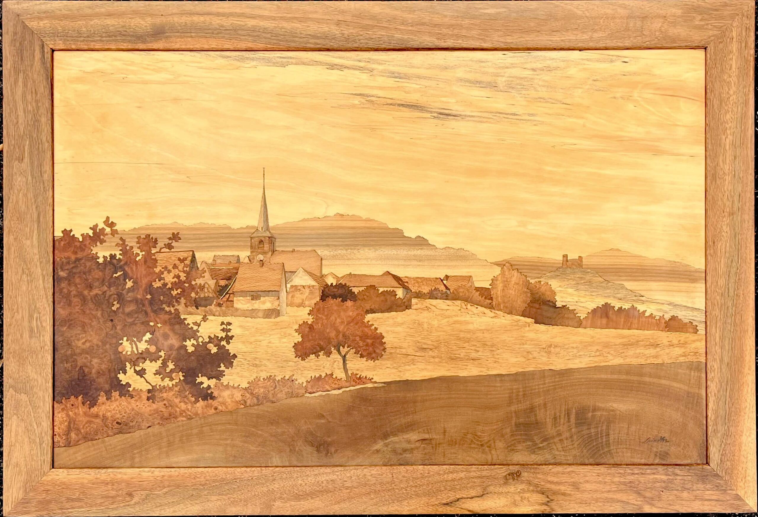 Grand tableau marqueterie en bois par Paul spindler, représentant le village de mittelbergheim et le château de Haut-Andlau