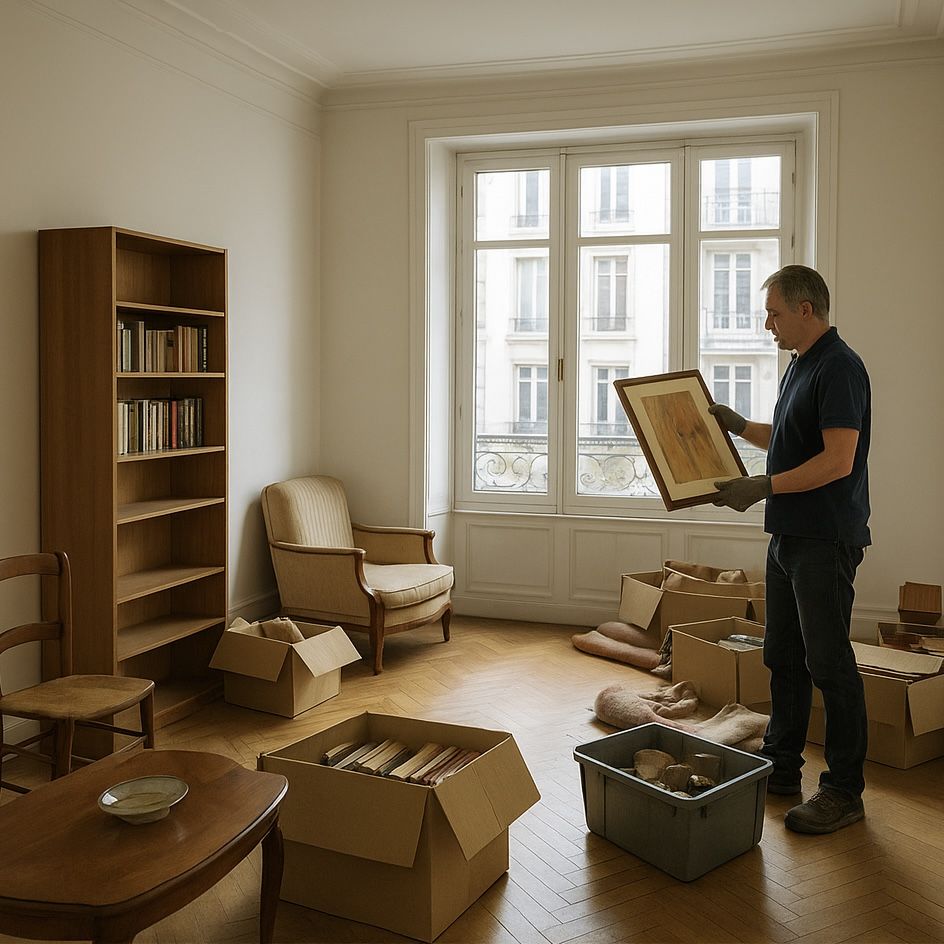 Scène de débarras dans un appartement lumineux à Strasbourg avec tri et valorisation des objets