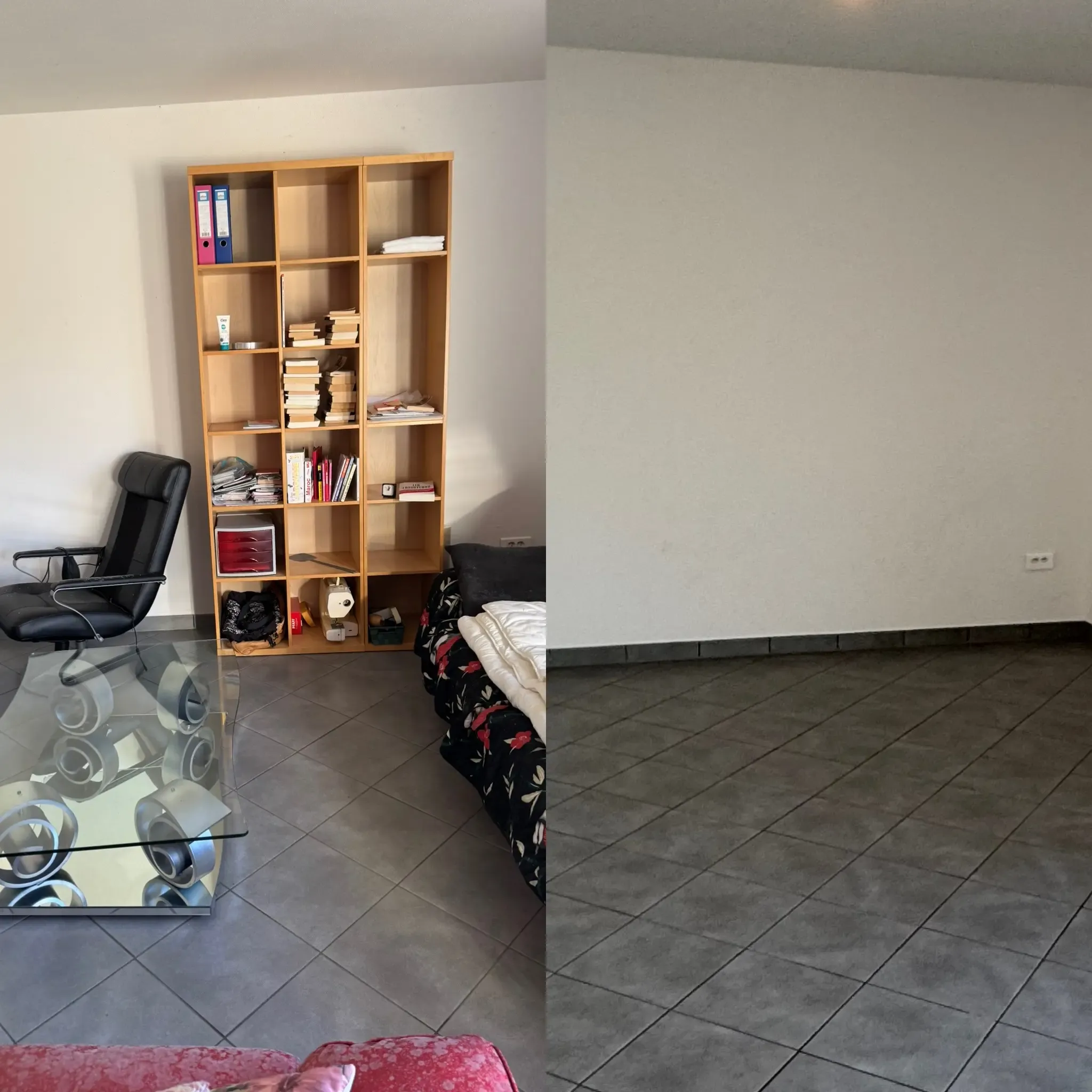 Salon à Haguenau avant et après le débarras – meuble, fauteuil et objets retirés